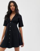 Asos Design Mini Cotton Tea Dress With Buttons - Black