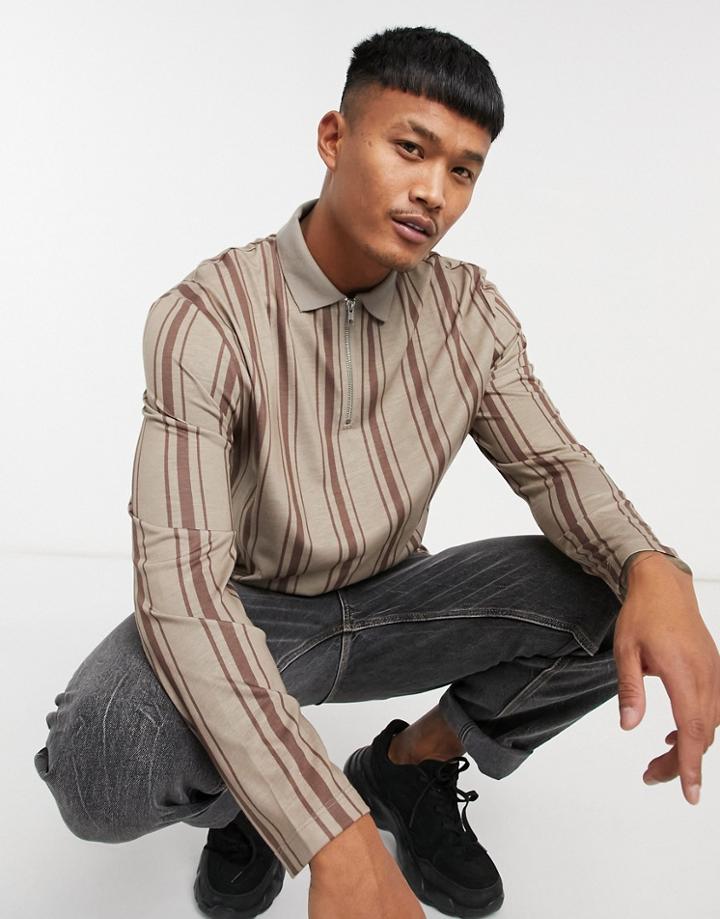 Asos Design Long Sleeve Polo Shirt In Beige And Brown Stripe