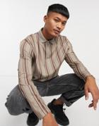 Asos Design Long Sleeve Polo Shirt In Beige And Brown Stripe