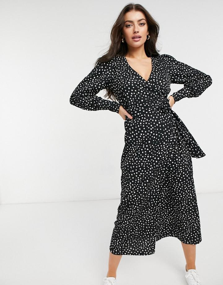 River Island Spotted Printed Wrap Midi Dress In Black