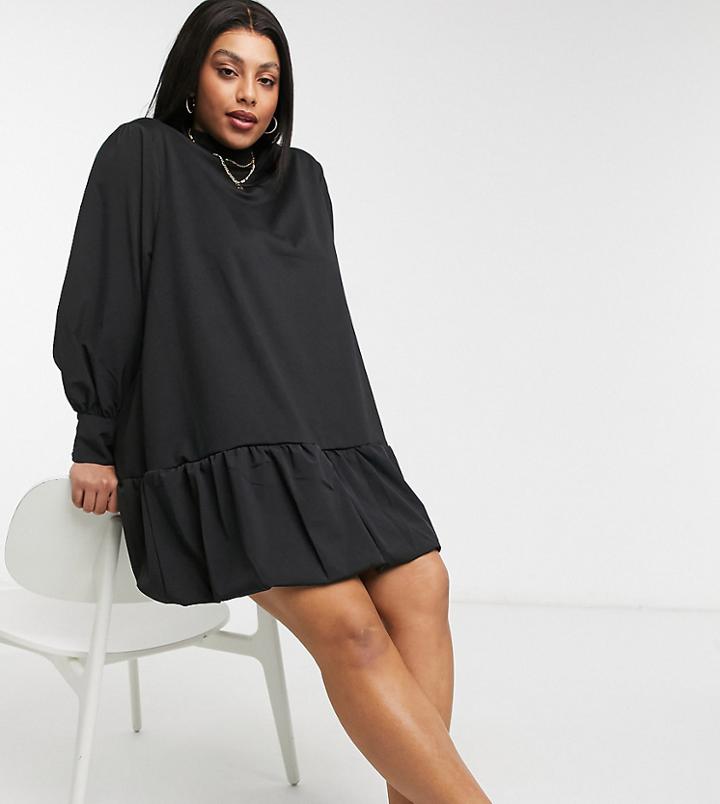 Vero Moda Curve Sweatshirt Mini Dress With Peplum Hem And Volume Sleeves In Black