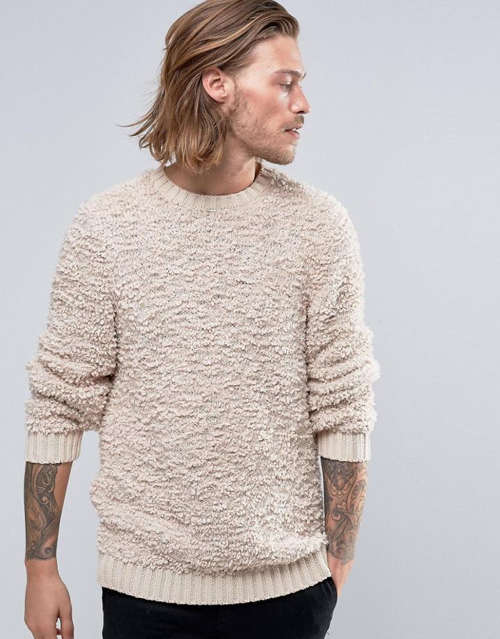 Asos Knitted Sweater In Soft Touch Textured Yarn - Beige
