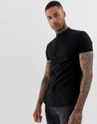 Siksilk Short Sleeve Shirt With Granddad Collar N Black With Jersey Sleeves - Black