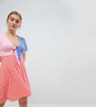 Asos Design Petite Mini Skater Dress With Tie Front In Color Block Gingham - Multi
