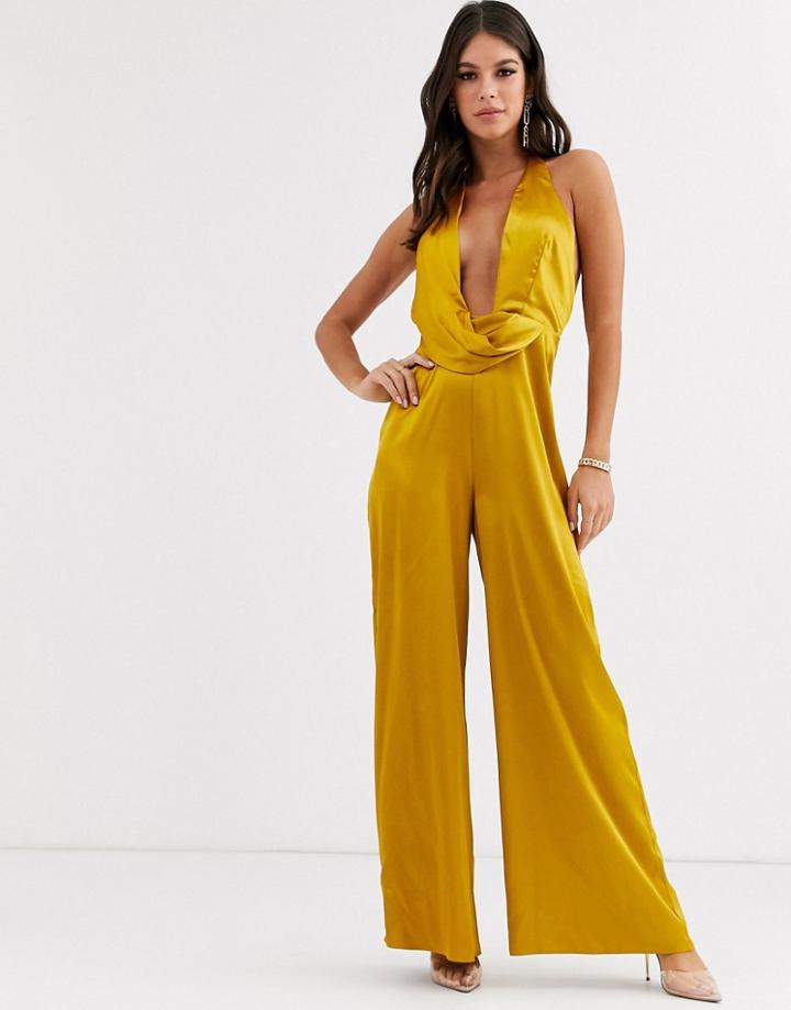 Asos Design Tall Ultra Plunge Jumpsuit With Drape Satin Detail