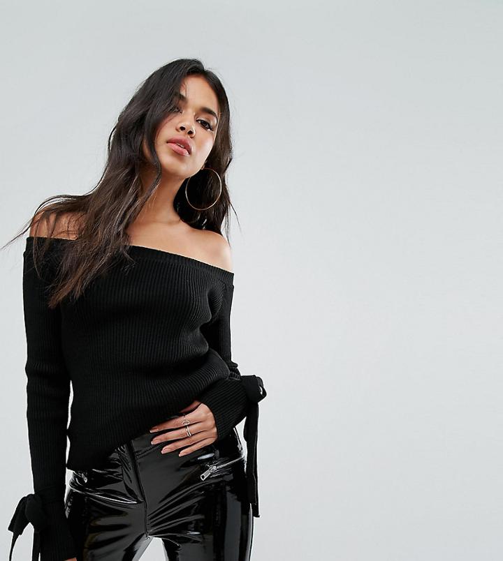 Boohoo Basic Tie Cuff Bardot Sweater In Black - Black