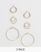Asos Design Pack Of 3 Hoop Earrings With Double Row And Engraved Details In Gold Tone - Gold