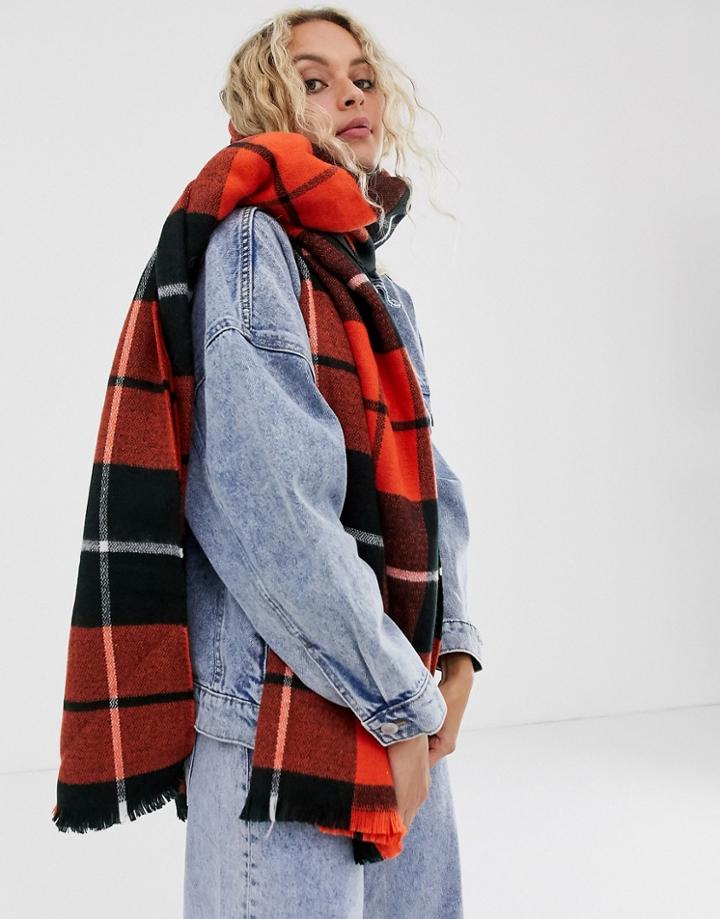 Asos Design Long Orange Grid Check Scarf With Raw Edge