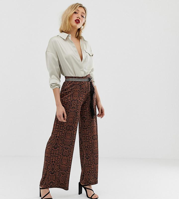 River Island Petite Wide Leg Pants In Snake Print - Brown