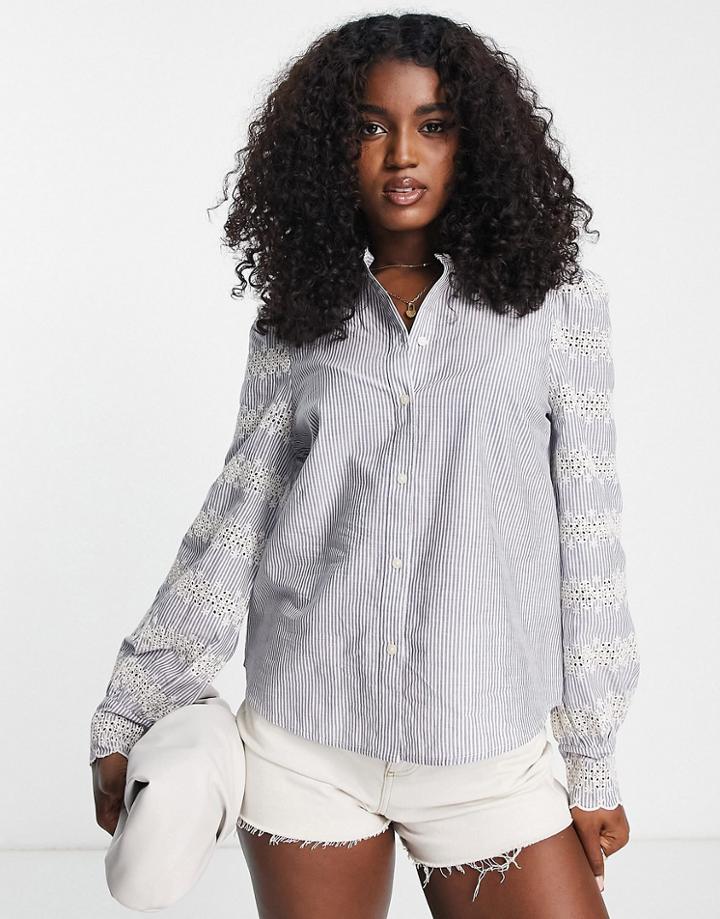 & Other Stories Cotton Embroidered Blouse In Blue Stripe - Lblue