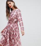 River Island Midi Dress With Knot Front Detail In Plaid Check - Pink