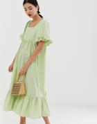 Lost Ink Midaxi Dress With Square Neck In Neon Linen Stripe - Green