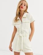 In The Style X Fashion Influx Denim Short Sleeved Oversized Romper In Ecru-beige