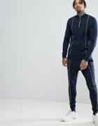 Asos Design Tracksuit Muscle Half Zip Sweatshirt/super Skinny Joggers With Piping In Navy - Navy