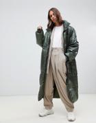Weekday Oversized Long Padded Jacket In Green - Green