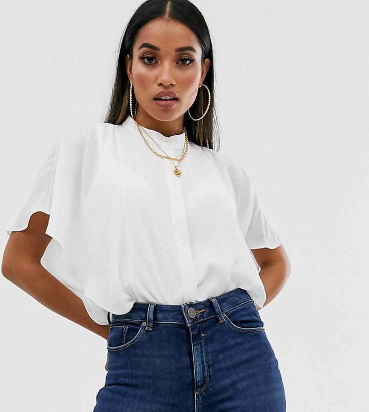 Asos Design Petite Sleeveless Soft Shirt With Ruffle Detail-white