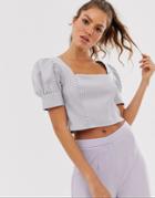 Unique21 Stripe Puff Sleeve Print Crop Top-multi