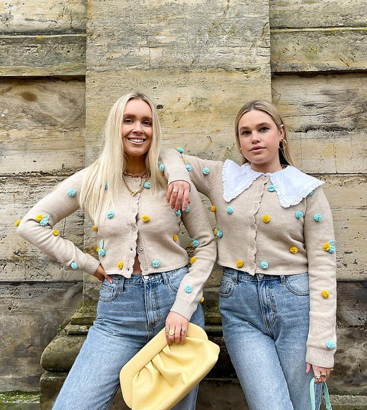 Labelrail X Olivia & Alice Knitted Cardigan With Floral Pom Poms-multi