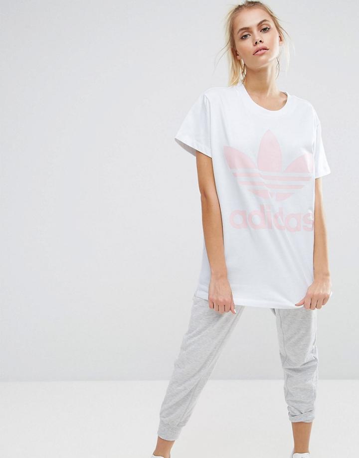 Adidas Originals Big Trefoil Tee In White And Pink - White