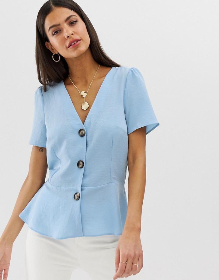 River Island Button Through Blouse In Blue