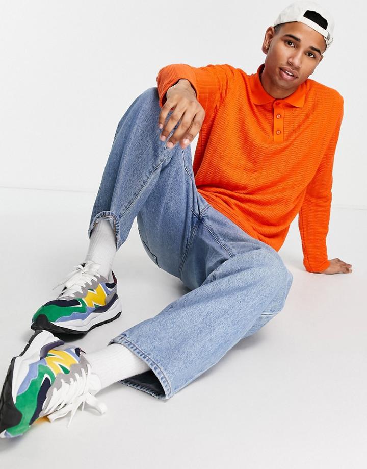 Topman Long Sleeve Stitch Polo In Orange