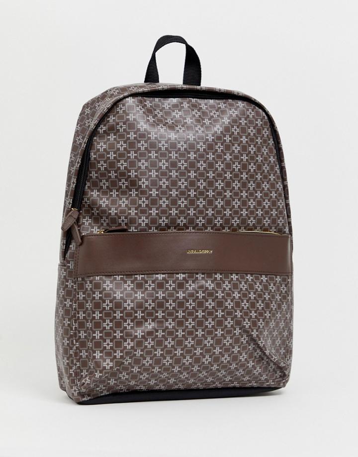 Asos Design Faux Leather Backpack In Brown Geo Print - Brown