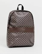 Asos Design Faux Leather Backpack In Brown Geo Print - Brown