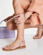 Asos Design Fenella Faux Pearl Embellished Flat Sandals In Beige-neutral