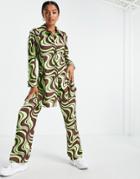 Asos Design Longline Satin Shirt In Mint And Chocolate Swirl Print - Part Of A Set-green