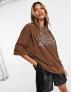 Topshop Los Angeles Short Sleeve Boyfriend T-shirt In Chocolate-brown