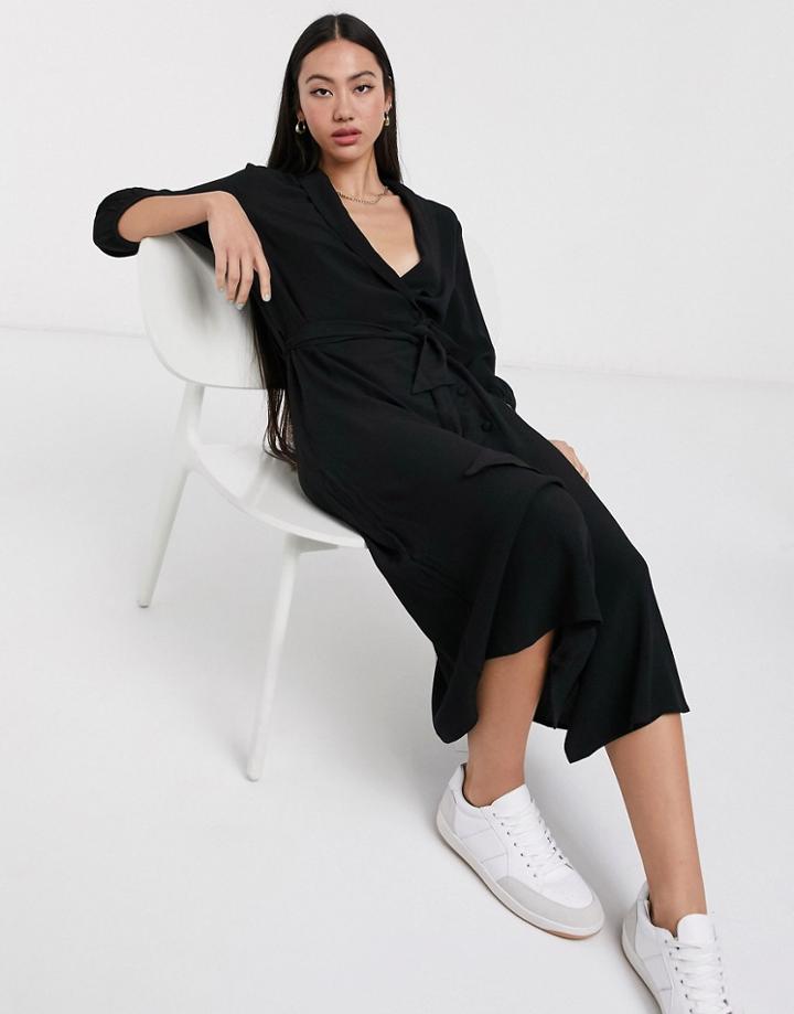 Selected Marina 3/4 Sleeve Midi Shirt Dress In Black