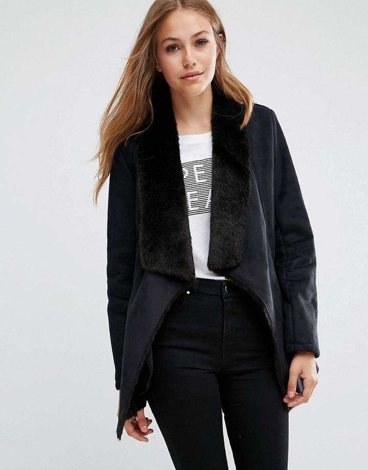 Pepe Jeans Laurie Suede Waterfall Coat - Black