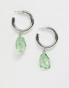 Asos Design Hoop Earings With Faceted Green Gem In Silver Tone - Silver