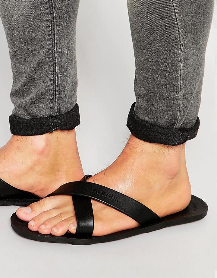 Diesel Wash Cross Over Flip Flops - Black