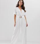 Boohoo Exclusive Jumpsuit With Circle Tortoiseshell Belt In White - White