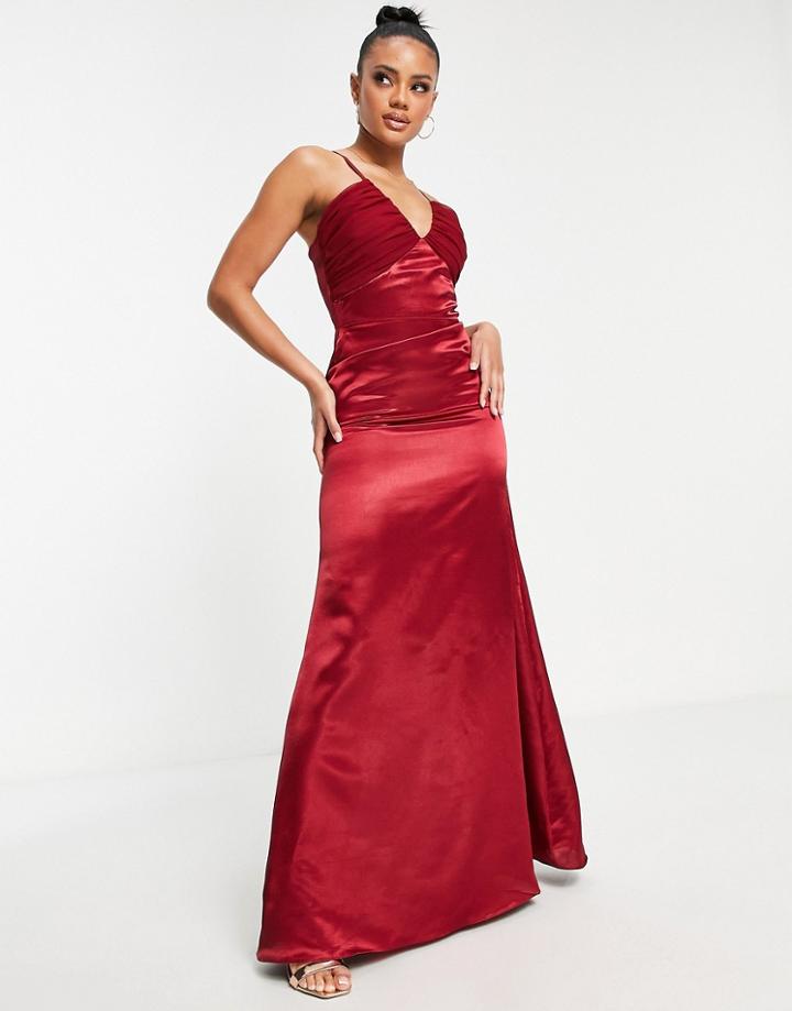 Vl The Label V Neck Satin Maxi Dress In Red