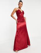 Vl The Label V Neck Satin Maxi Dress In Red
