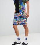 Asos Design Tall Co-ord Slim Shorts With Elasticated Waistband In Tropical Postcard Print With White Side Piping - Navy