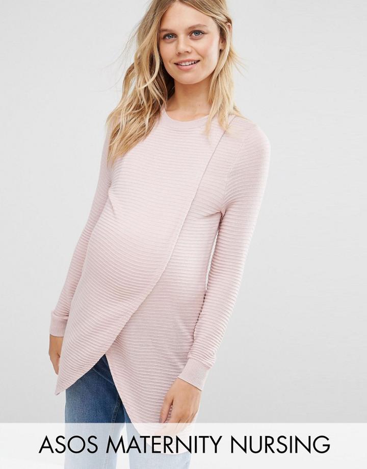 Asos Maternity Nursing Wrap Over Sweater In Textured Stripe - Pink