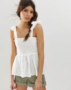 Asos Design Cami Broderie Sun Top With Shirring And Tie Shoulder Detail-white