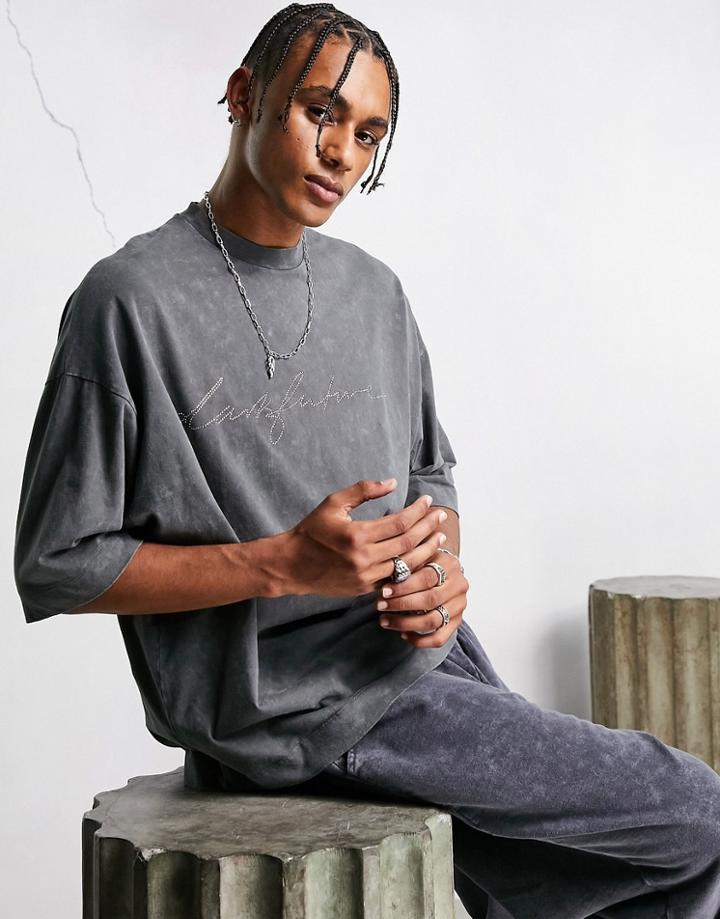 Asos Dark Future Oversized T-shirt With Rhinestone Logo In Washed Black-gray