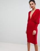 Club L Slinky Batwing V Plunge Gathered Detailed Midi Dress - Red