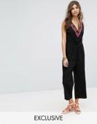Rocca Bella Embroidered Front Neck Cullotte Beach Jumpsuit - Black