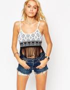 Asos Festival Crop Top With Mono Print And Fringing