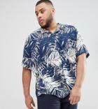 Jacamo Plus Short Sleeve Revere Collar Shirt In Palm Print - Navy