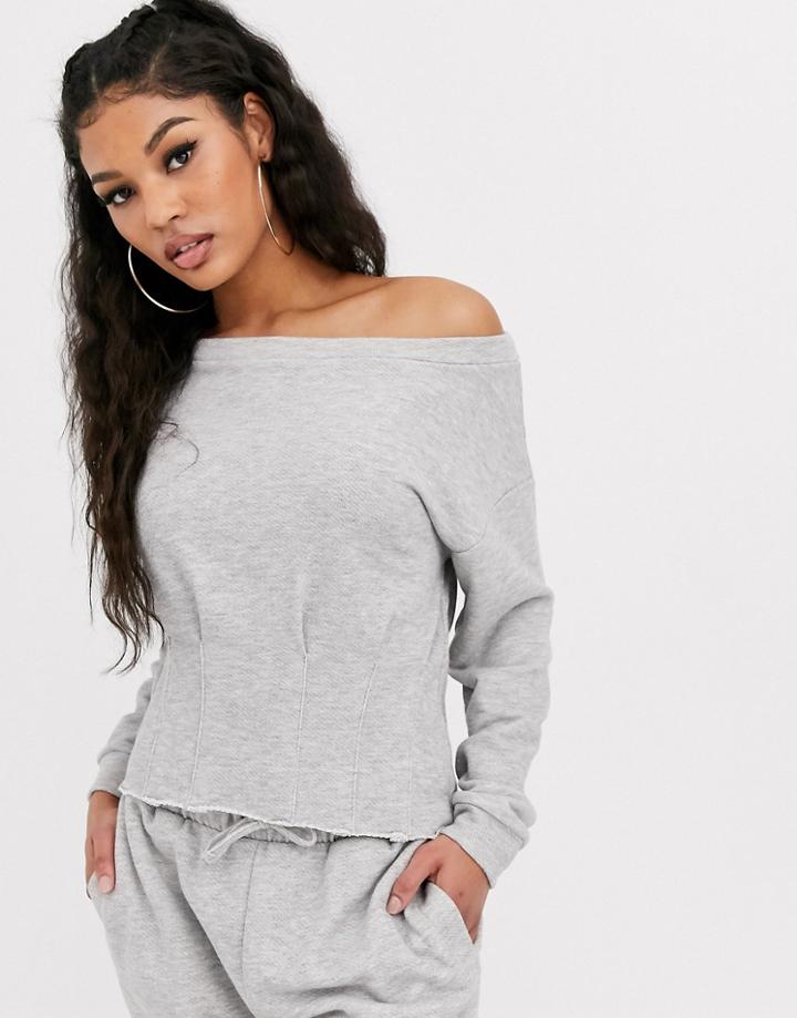 Asos Design Lounge Mix & Match Loopback Raw Edge Off Shoulder Sweat-gray