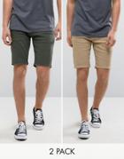 Asos 2 Pack Skinny Denim Shorts In Khaki And Stone Save - Multi
