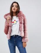 Asos Design Hooded Faux Fur Coat - Pink