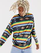 Asos Design Oversized Velour Stripe Long Sleeve T-shirt With Geo-tribal Print In Rainbow - Multi