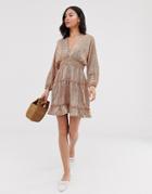 Moon River Printed Tiered Mini Dress-beige